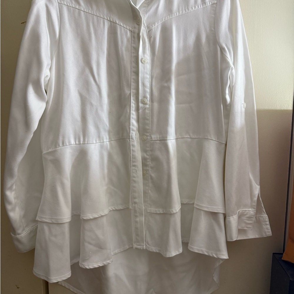 REBA BLOUSE BUTTON‎ UP TAB-ROLL SLEEVE TIERED RODEO White TENCEL SMALL